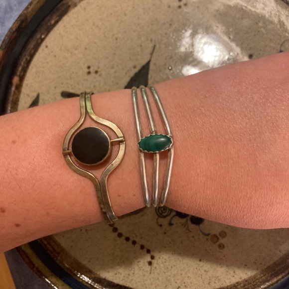 Pair Malachite shell Crystal stone Alpaca Silver bracelet Cuff - Picture 10 of 13